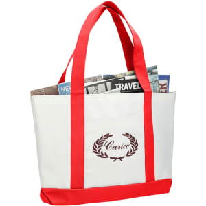 A large white tote bag with red handles, featuring a logo and holding newspapers inside.