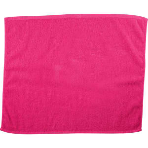 A pink gym towel with a soft texture, featuring a logo on one side. Ideal for leisure and outdoor activities.