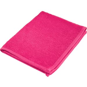 A bright pink gym towel, neatly folded with a contrasting trim. It features a logo. Perfect for leisure and outdoor activities.