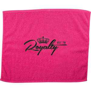 A pink gym towel featuring a logo with a crown and the word "Royalty" in black text.
