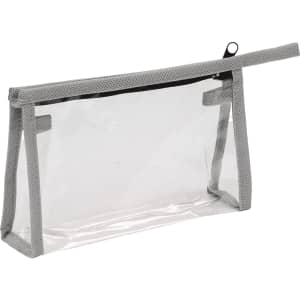 A clear toiletry bag with grey accents and a zip closure, ideal for travel accessories. Features a branding logo.