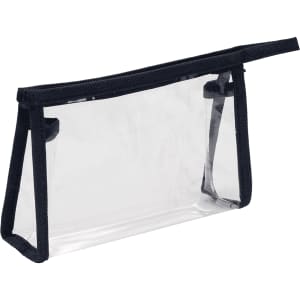 A clear toiletry bag with navy blue trim, featuring a zip closure and a structured design.