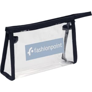A clear toiletry bag with a navy blue trim and a logo. The bag features a zip closure and a structured design.