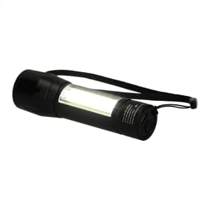 A black mini rechargeable flashlight with a clear lens and a strap. It features a logo.