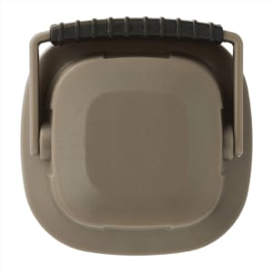 A mini camping lantern in olive green, featuring a sturdy handle for easy carrying. It has a smooth, square shape.