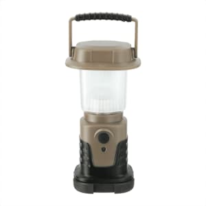 A mini camping lantern in tan and black, featuring a handle and a push button. It has a logo on the base.