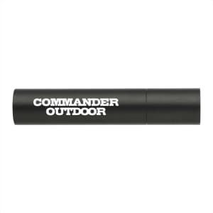 A black rechargeable flashlight with a cylindrical design, featuring a logo on the side.
