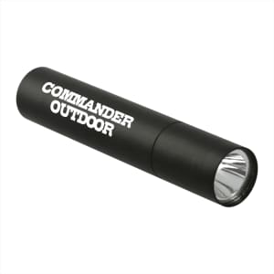A black rechargeable flashlight with a silver front and a logo printed on its body.