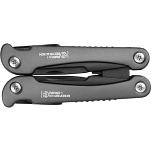 A black multi-tool with a sleek design and a logo, folded for compact storage with visible screws.