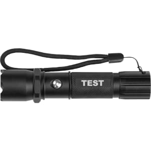 A black torch with a textured grip and a wrist strap, featuring a logo.