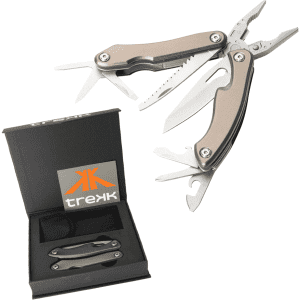 A multi-tool with silver and grey tones, featuring various tools, displayed in a black box with a branded logo.