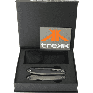 A multi-tool with a sleek metallic finish, presented in a black box with a logo. Includes a storage pouch.