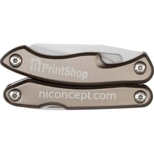A multi-tool with a metallic bronze finish, featuring a compact design and a logo.