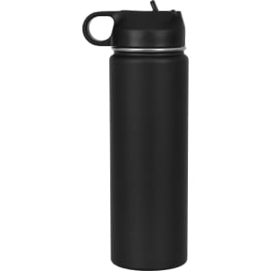 A drink bottle in matte black, featuring a lid with a spout and a handle, with a logo on the front.