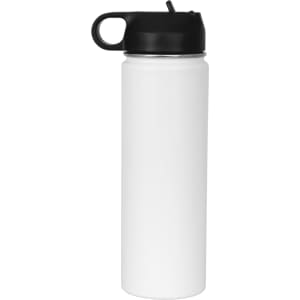 A drink bottle with a white body and a black lid, featuring a reusable design and a sleek look.