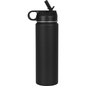 A black stainless steel drink bottle with a flip-top lid and a small spout, featuring a handle and a logo.