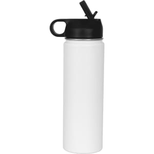 A drink bottle in white with a black lid and straw, featuring a logo on the side.