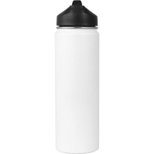 A drink bottle in white with a black screw-on lid, featuring a logo on the side.