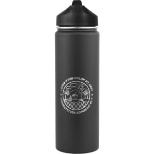 A drink bottle in matte black with a black cap and a logo featuring a mountain and sun design.