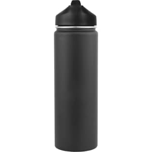 A drink bottle with a sleek black design, featuring a black lid and a smooth matte finish.