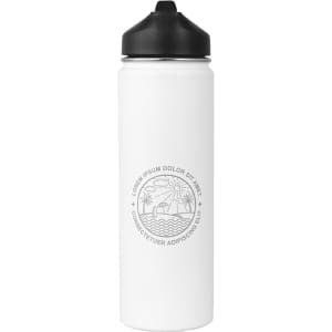 A white stainless steel drink bottle with a black lid and a logo on the front.