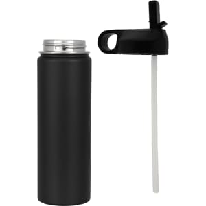A drink bottle in matte black with a stainless steel body and a black cap featuring a straw attachment.
