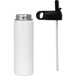 A drink bottle in white with a stainless steel finish, accompanied by a black lid and straw. Features a logo.