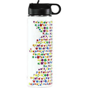 A drink bottle featuring a white body adorned with colourful polka dots and a black lid with a carry handle.
