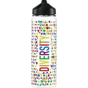 A drink bottle featuring a white background with colourful polka dots and the word "DIVERSITY" in bold letters. It has a black cap.