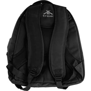 A black computer backpack with padded straps and a textured back panel. It features a logo on the front.
