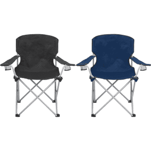 Two oversized folding chairs in black and navy blue, featuring metal frames and armrests. Each chair has a logo.