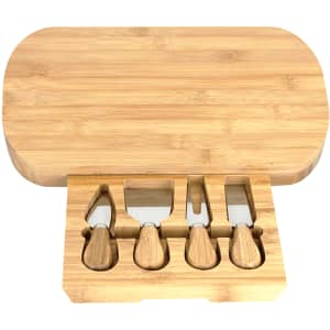 A bamboo cheeseboard set featuring a rectangular board and four wooden-handled cheese knives.