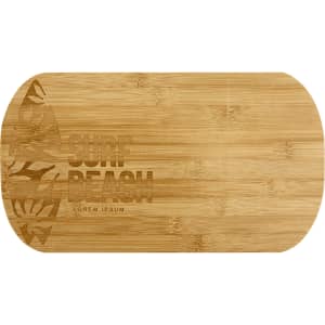 A bamboo cheese board with a logo, featuring a smooth, oval design. Natural wood colour enhances its rustic appeal.