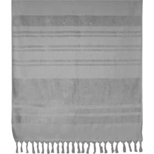 A grey flat terry towel with striped patterns and tassel detailing, featuring a logo. Perfect for leisure and outdoor use.