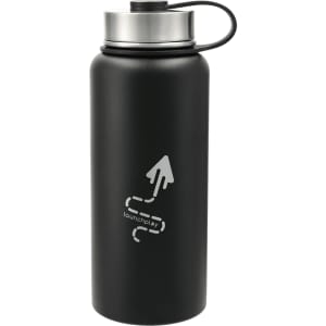 A drink bottle in matte black with a stainless steel lid and a logo, featuring a 950ml capacity.
