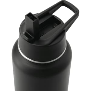 A drink bottle with a black matte finish, featuring a spout and carrying handle. Includes a logo on the body.