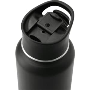 A drink bottle with a black finish and a secure lid, featuring a built-in spout. It has a minimalist design.