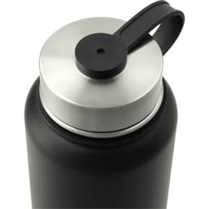 A drink bottle with a sleek black design and a stainless steel lid, featuring a handle for easy carrying.