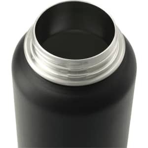 A drink bottle with a matte black finish and a silver stainless steel opening, featuring a logo.