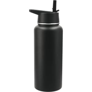 A drink bottle in matte black, featuring a flip-top lid and a straw, with a logo on its surface.