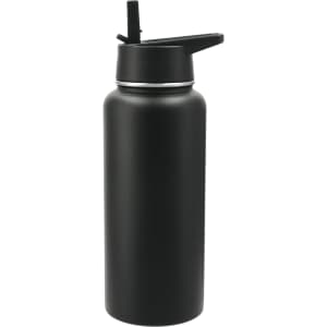 A drink bottle in matte black with a screw cap and spout, featuring a logo. Ideal for hydration on the go.