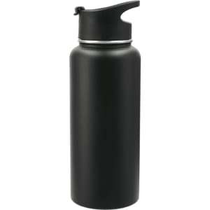 A drink bottle in matte black, featuring a flip-top lid and a sleek design. It includes a logo on the body.