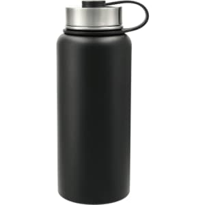A drink bottle featuring a black body with a stainless steel lid and a convenient carrying handle.