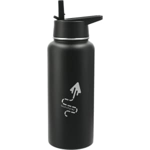 A drink bottle in matte black with a screw-on lid and built-in straw, featuring a logo.