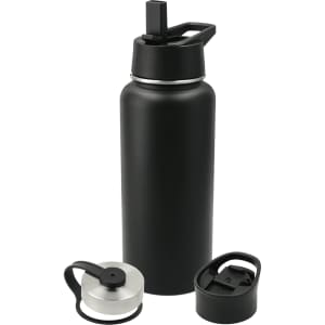 A drink bottle kit in matte black featuring a 950ml vacuum bottle and two interchangeable lids. It has a logo on the bottle.