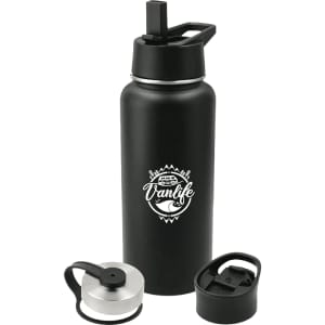 A drink bottle in matte black, featuring a logo and two interchangeable lids. It has a sleek, modern design.
