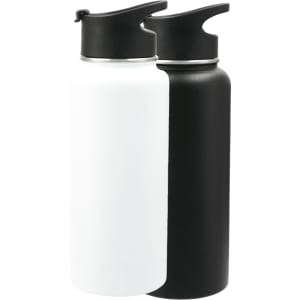 A drink bottle kit including a white and a black 950ml vacuum bottle with a logo on each.