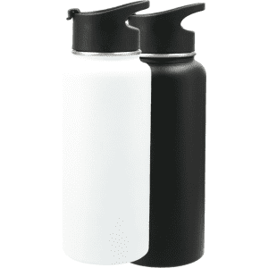 A drink bottle kit featuring a white and a black 950ml copper vacuum bottle with caps and a logo.