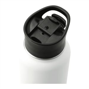 A drink bottle with a black cap and a white body, featuring a spout and an attached handle for easy carrying.