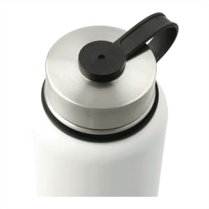 A drink bottle featuring a stainless steel lid and a white body, equipped with a black carry handle.